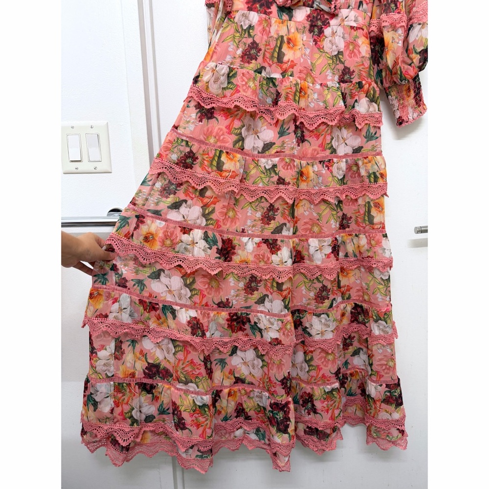 Alice + Olivia Brooke High Neck Maxi Dress Juniper Floral Rose Pink Lace Trim 0 - Picture 7 of 16